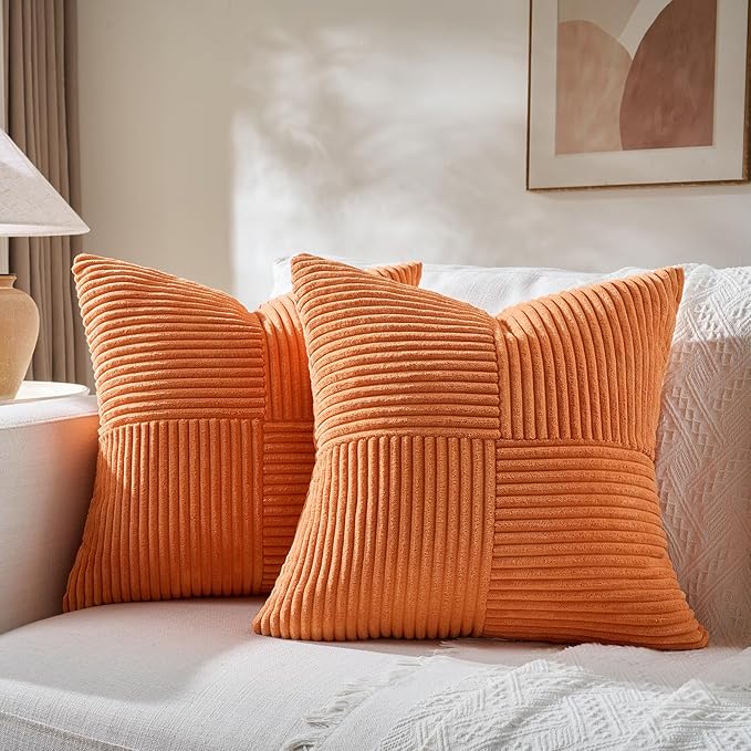 Fancy Homi 4 Packs Orange Fall Decorative Throw Pillow Covers 16x16 Inch for Living Room Couch Bed Sofa, Farmhouse Boho Home Decor, Soft Cross Patchwork Corduroy Textured Square Cushion Case 40x40 cm