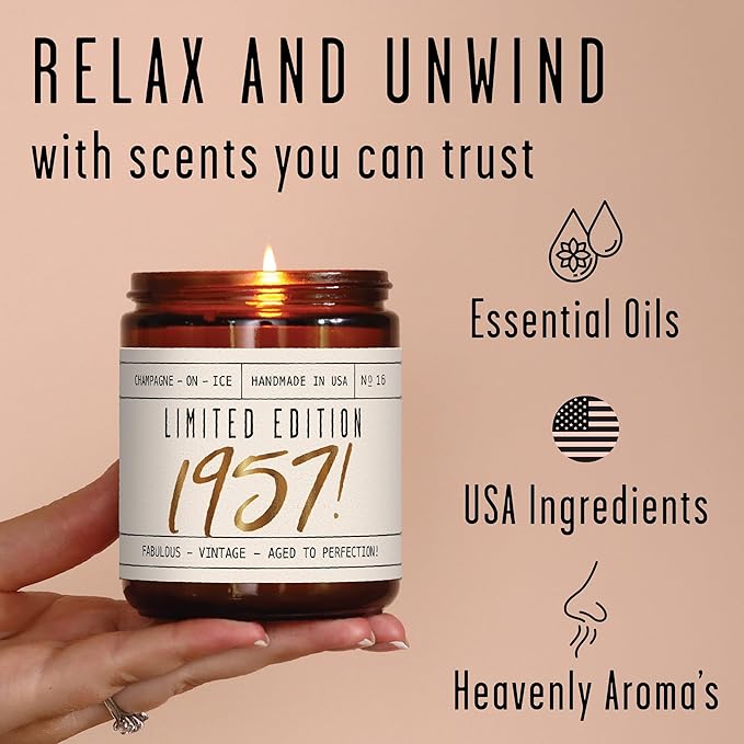 68th Birthday Gifts for Women - 'Limited Edition 1957' Soy Candle, w/Champagne on Ice I 68 Birthday Gifts for Women I 68th Gift for Her Ideas I 9oz Reusable Jar, 50Hr Burn, Made in USA