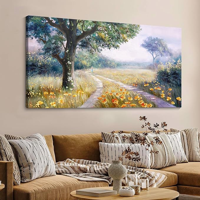 CHATYOUNG Large Landscape Wall Art, Spring Decor Rustic Wildflowers Way Home Wall Pictures, Farmhouse Meadow Painting Wall Art Prints For Living Room Bedroom Bathroom Kitchen Home Decor 29"X58"