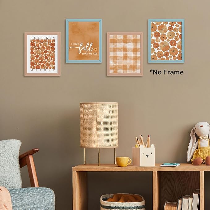 TLESKE Orange Fall Pumpkins Market Posters Prints Unframed Set of 4, Autumn Aesthetic Wall Art Prints for Dorm Bedroom Living Room, I Love Fall Most of All Pictures Wall Decor, 8x10