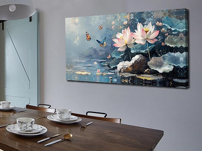 Ardemy Lotus Wall Art for Living Room Butterfly Large Canvas Art Wall Decor Textured Pictures Artwork Bedroom Kitchen Dining Home Office, Large 48"x24"