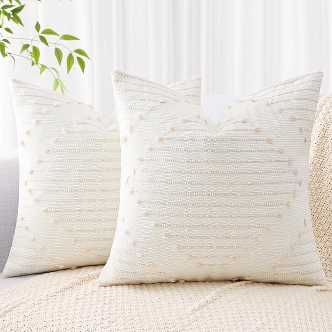 Mecatny Boho Outdoor Throw Pillow Covers 20X20 Set of 2, Farmhouse Decorative Pillow Covers for Couch Sofa Living Room, Beige & Cream White