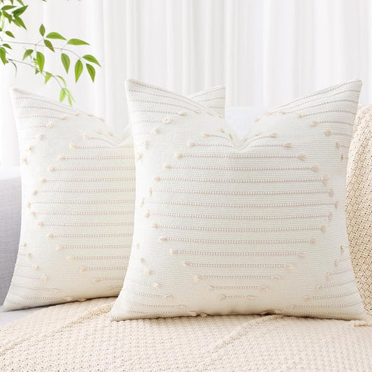 Mecatny Boho Outdoor Throw Pillow Covers 18X18 Set of 2, Farmhouse Decorative Pillow Covers for Couch Sofa Living Room, Beige & Cream White
