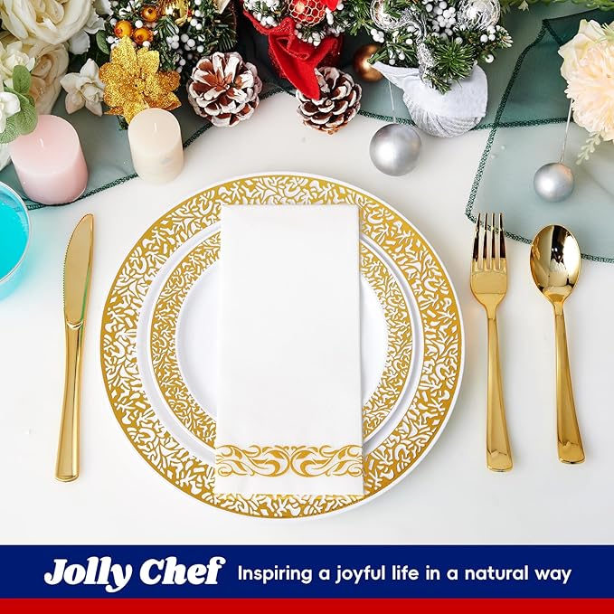 210 Count Gold Plastic Dinnerware, Gold Disposable Plates, Includes: 30 Dinner & 30 Dessert Plates & 30 Cups & 30 Paper Napkins & 30 Plastic Silverware Set