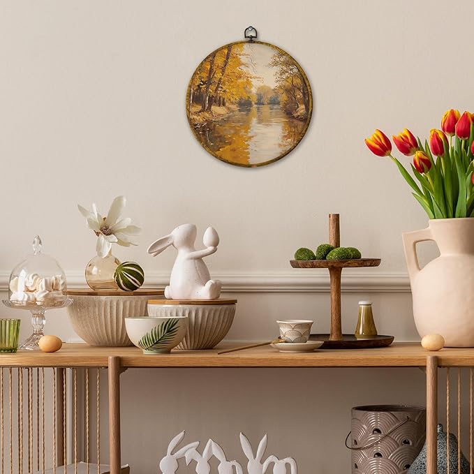 Mcehtle Vintage Fall Wall Art Decor, Rustic Nature Autumn Tree Landscape Framed Canvas Prints 10x10, Farmhouse Fall Seasonal Round Wall Hanging Artwork Decorations for Bedroom Living Room Home