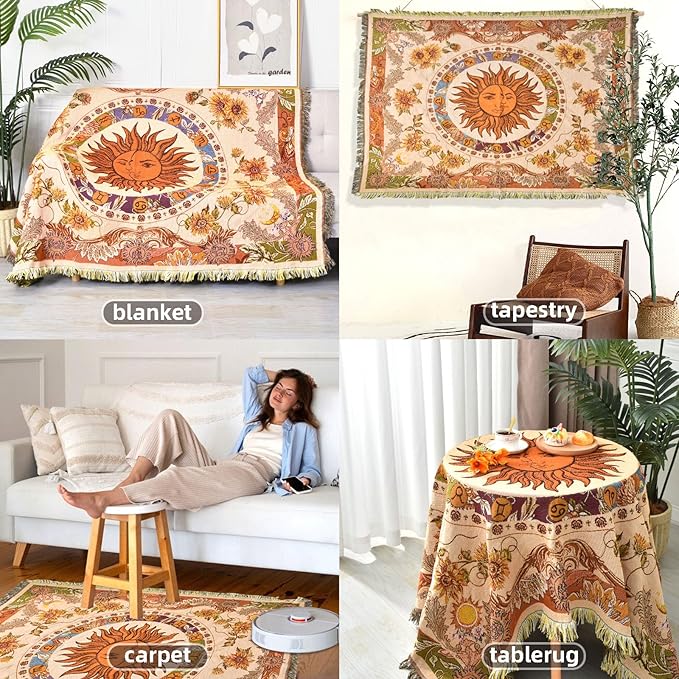 Boho Throw Blanket Reversible Cotton Bohemian Tapestry Hippie Room Decor Outdoor Blanket Double Sided (Boho Sun Yellow 50"x60")
