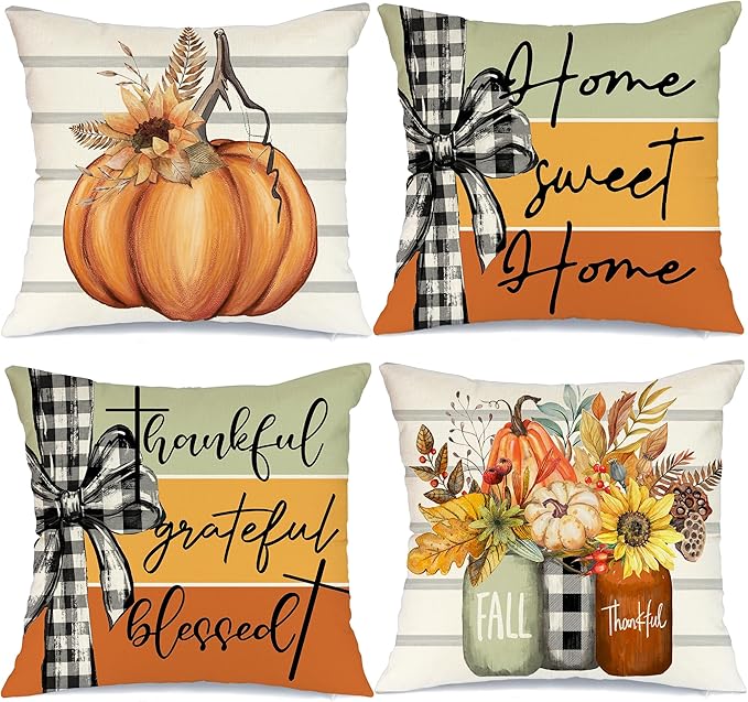 AACORS Fall Pillow Covers 16 x 16 Inch Set of 4, Pumpkin Home Sweet Home Thankful Grateful Blessed Harvest Floral Decorations Autumn Seasonal Pillow Case Decor for Sofa Couch AA556-16