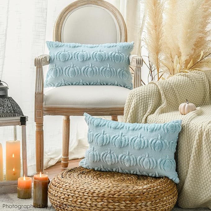 AVOIN colorlife Fall Pumpkin Blue Throw Pillow Covers, 12 x 20 Inch Seasonal Autumn Thanksgiving Harvest Decoration Soft Plush Faux Fur Jacquard Cushion Case Decoration for Sofa Couch Set of 2
