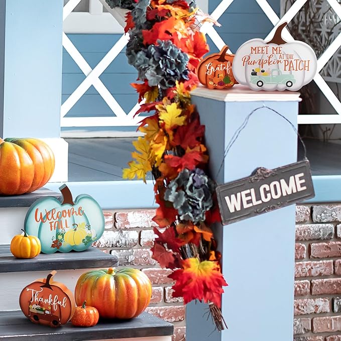 Jetec 4 Pcs Fall Decor for Home Thanksgiving Tiered Tray Decoration Fall Desk Decor Pumpkin Table Centerpiece Welcome Rustic Wood Block Sign for Office Autumn Table Mantel Decoration(Multicolor)