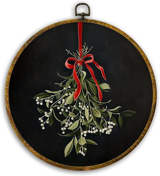 CUANFDDSF Vintage Christmas Mistletoe Round Wall Art Decor, Xmas Holiday Red Bow Mistletoe Botanical Wall Hanging Frame Decor, Elegant Christmas Canvas Prints Decorations for Home Bedroom, 10x10 Inch