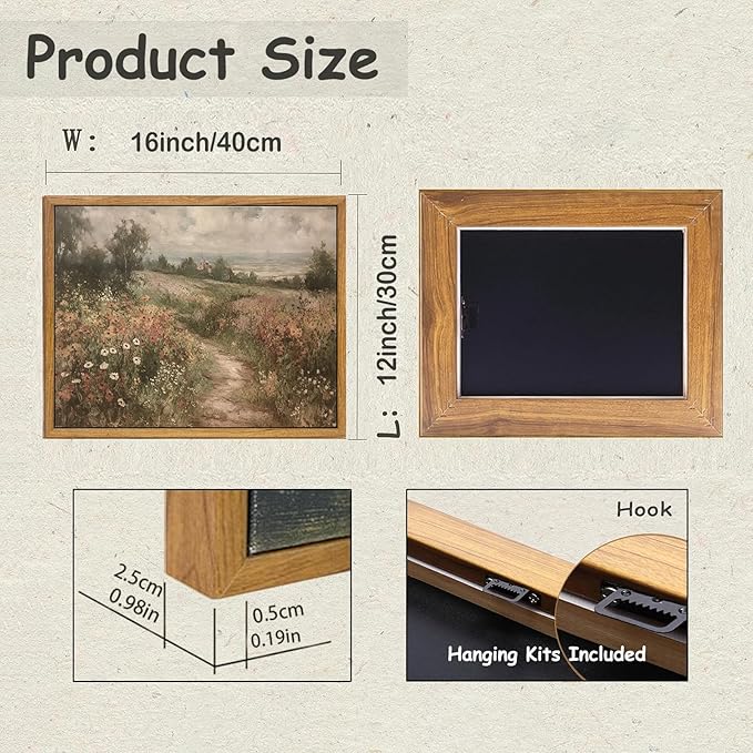 KBKBART Framed Canvas Wall Art for Living Room, Vintage Countryside Wildflower Field Painting Farmhouse Decor, Retro Nature Wilderness Canvas Art Prints, Rustic Landscape Wall Decor for Bathroom, Bedroom Living Room, Vintage Art Wall Decor(12"x16")