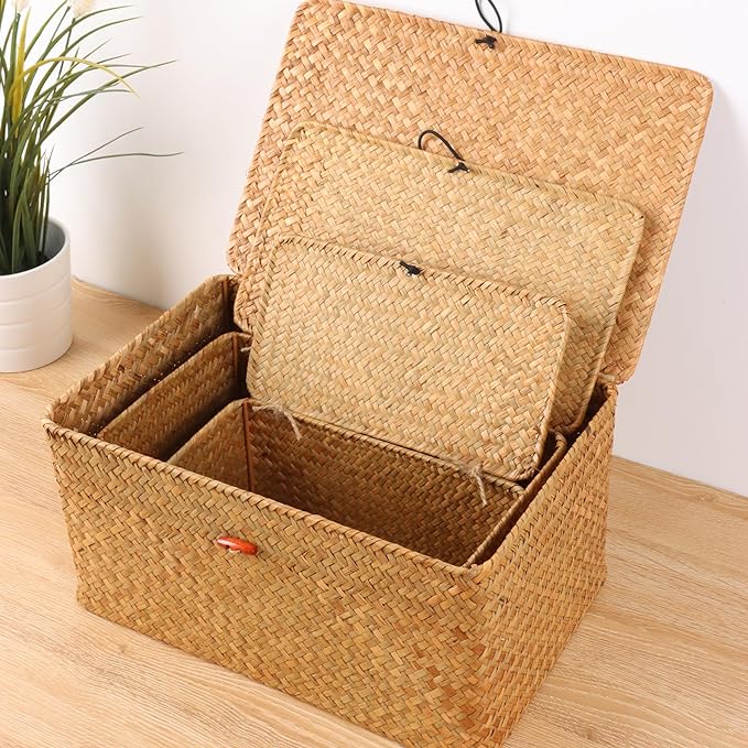 Wicker Shelf Baskets with Lid,Natural Seagrass Storage Basket Boxes Handwoven Rectangular Baskets Bins Multipurpose Home Organizer Decor (Large+Medium+Small)