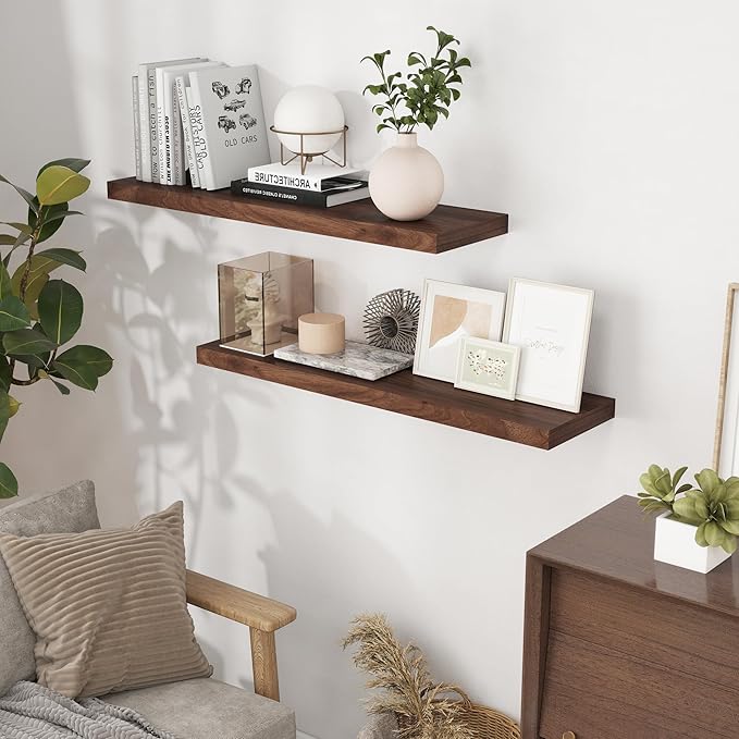 40 Inch Floating Shelvese, 40" W x 9.3" D Floating Shelf Set of 2, Farmhouse Wood Wall Shelves for Bedroom, Kitchen, Wall Mounted Deep Shelving for Home Decor, Walnut Color