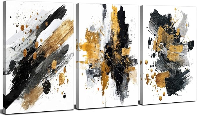 Black White and Gold Wall Art Abstrac Pictures Wall Decor Marble Ink Texture Walls Paintings for Living Room Bedroom Decor, Watercolor Gold Fluid Prints Posters Canvas Artwork Decorations 12x16” 3Pcs