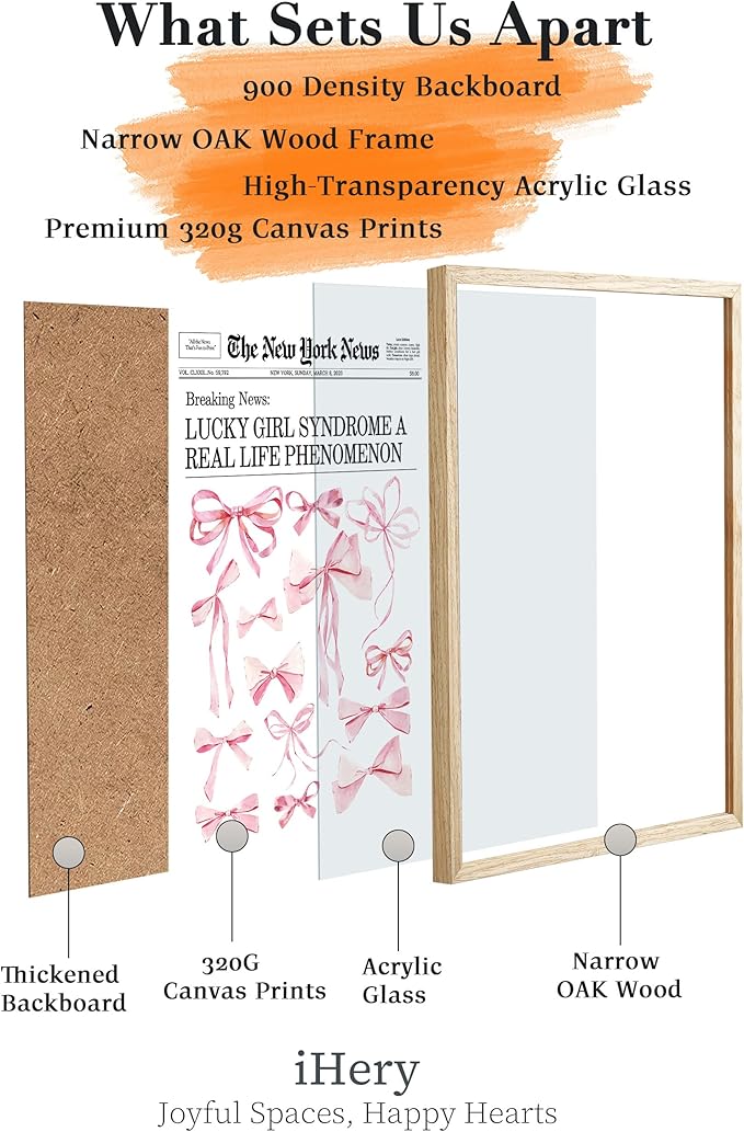 iHery Natural OAK Wood Trendy Retro Newspaper Framed Wall Art, Large 16x20 in Pink Bow Poster Vintage Canvas Wall Art, Beige Frame Lucky Girly Bedroom Bathroom Coquette Living Room Décor Set of 1