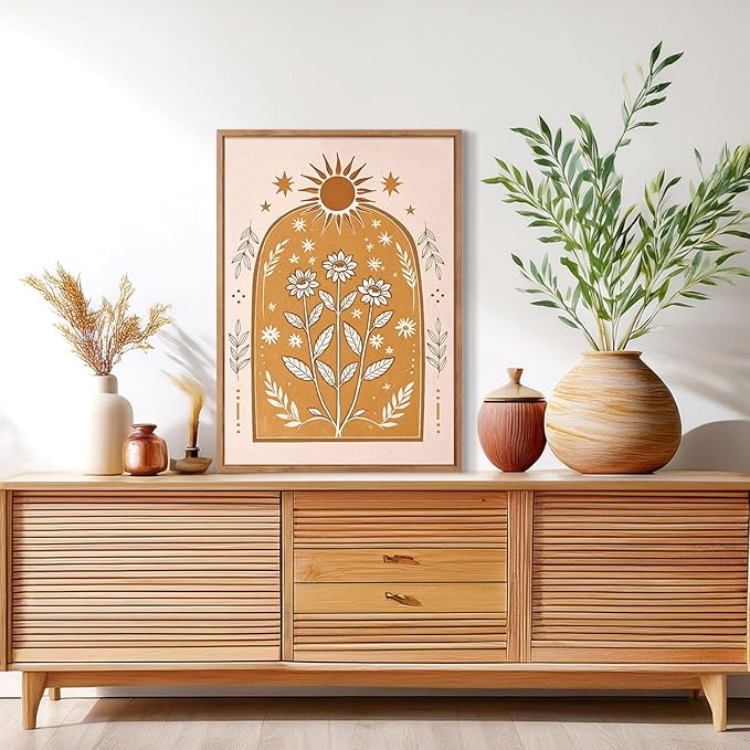 CHDITB Bohemian Floral Framed Canvas Wall Art Set, Nature Inspired Wall Decor, Boho Sun Art Spiritual Wall Painting, VintageArt Flowery Prints for Living Room, Bedroom, Office-Large Size 16"x24"x3