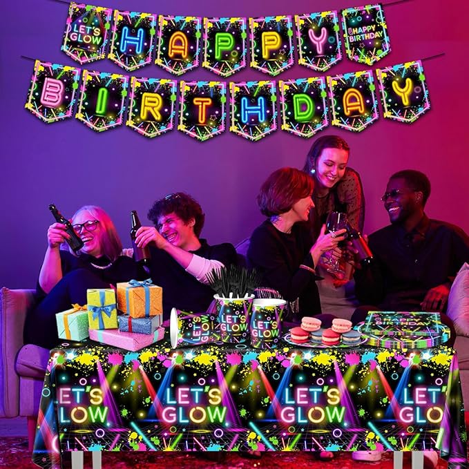 Neon Party Supplies,142Pcs Let Glow Party Decorations Including Disposable Paper Plates,Cups,Tablecloths, Glow in the Dark Theme Decoration for Birthday Baby Shower Party