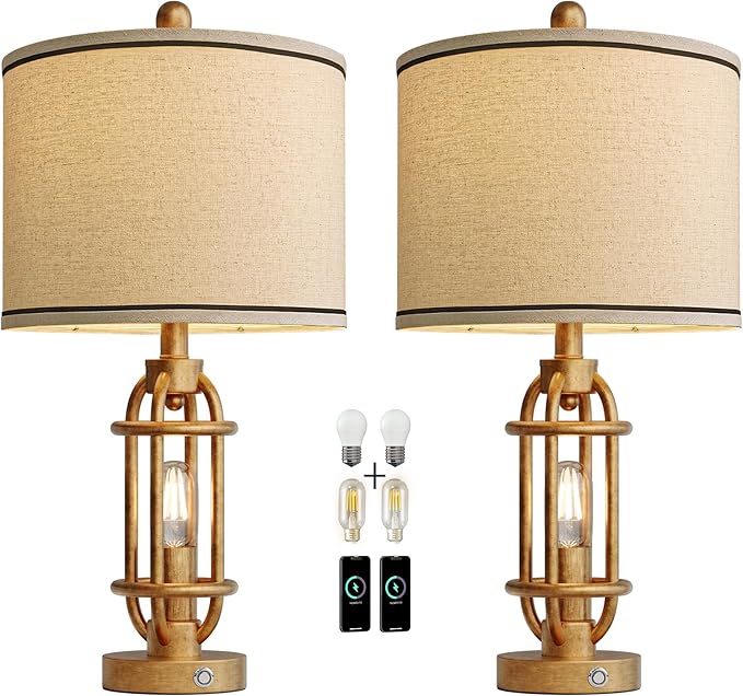 23.75'' Table Lamps Set of 2 for Living Room Bedroom Industrial Farmhouse Metal Touch Lamps with USB A+C Ports, Night Light Vintage Nightstand Bedside Lamp, Bulbs Included, Antique Gold