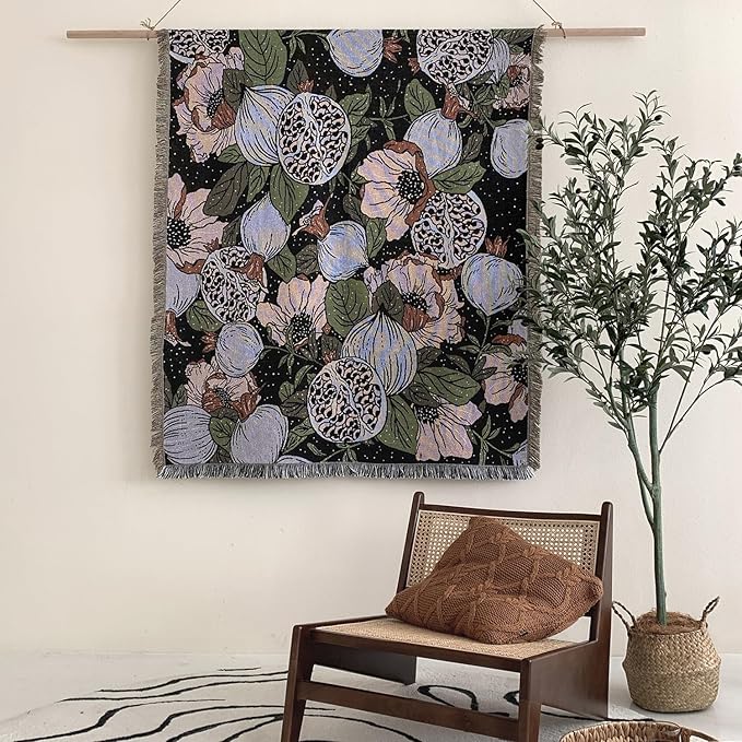 Boho Throw Blanket Reversible Cotton Bohemian Tapestry Hippie Room Decor Double Sided (Boho Flower Dark 50"x60")