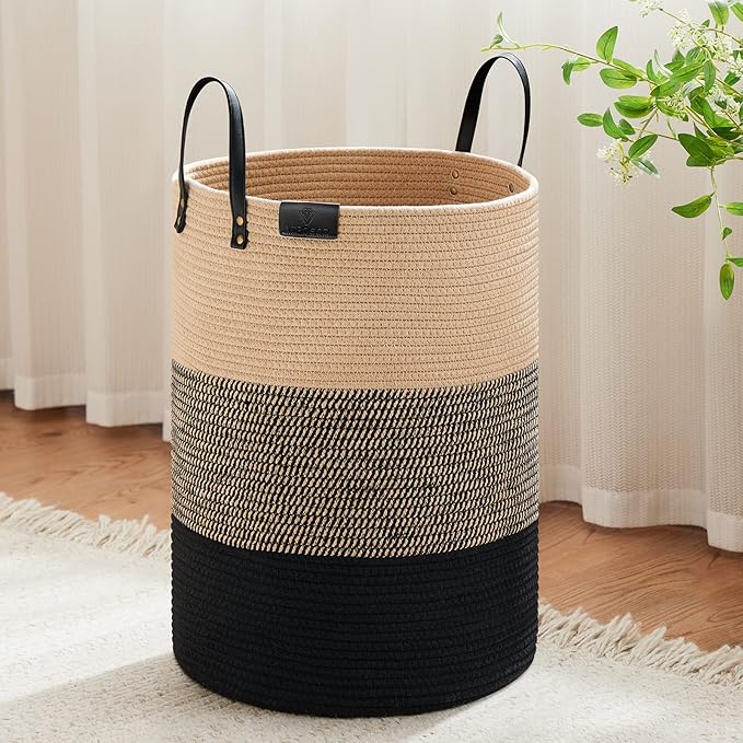 VIPOSCO Tall Laundry Basket, Large Dirty Clothes Hamper with Leather Handle, Woven Rope Storage Basket for Blanket, Toy In Living Room, Bathroom, Bedroom - 72L Brown & Black