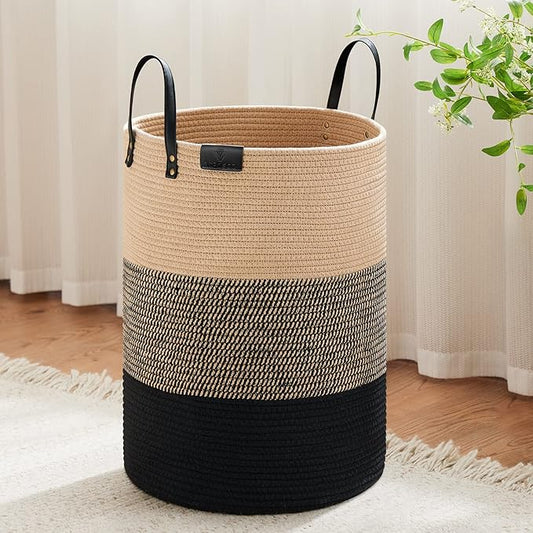 VIPOSCO Tall Laundry Basket, Large Dirty Clothes Hamper with Leather Handle, Woven Rope Storage Basket for Blanket, Toy In Living Room, Bathroom, Bedroom - 72L Brown & Black