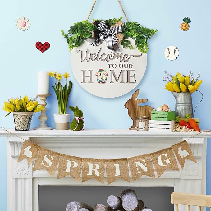 MIPON Welcome Sign for Front Door, Wall, or Porch Decor - Interchangeable Seasonal 17 Changeable Icons for All Seasons & Holidays (Spring, Summer, Fall, Winter, Easter, Christmas) - White