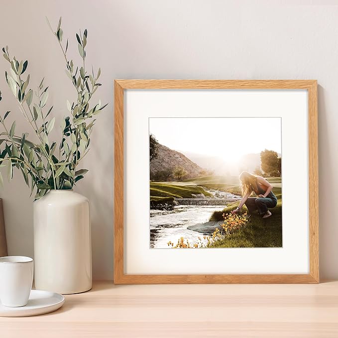 Fun Memories 12x12 Picture Frames Set of 3, Natural Oak Wood Frame With Mat for 10 x 10, Square With Tempered Real Glass, Gallery Wall Set