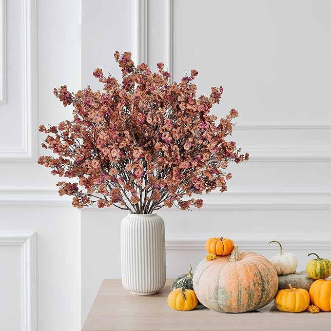 Sggvecsy 15 Pcs Babys Breath Artificial Flowers Gypsophila Bouquets Bulk Real Touch Fake Silk Flowers for Home DIY Floral Arrangement Table Centerpiece Fall Autumn Decoration (Orange Brown)