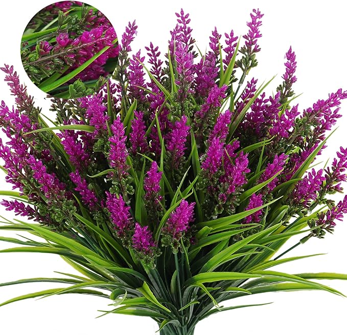 RECUTMS Artificial Plants Outdoor Fake Monkey Grass with Flowers for Pot Garden Verandah Decor for Window Garden Office Patio Hanging Planter Pathway Front Porch (Fuchsia)