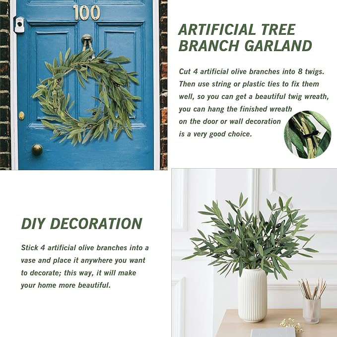 Faux Plants Olive Leaves Stems Artificial Plants Olive Tree Branches for Small Vase Tabletop Greenery Decor for Home Decor Office Wedding Party 19.6” （4pcs）