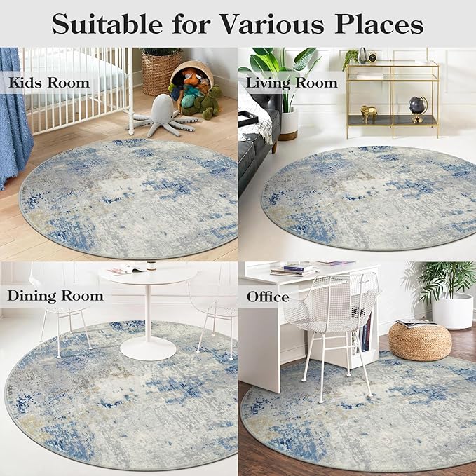 Lahome Washable Round Rug 5Ft, Blue Modern Abstract 5x5 Circle Rugs for Living Room Bedroom, Soft Contemporary Large Indoor Carpet for Kitchen Apartment Basement Home Office