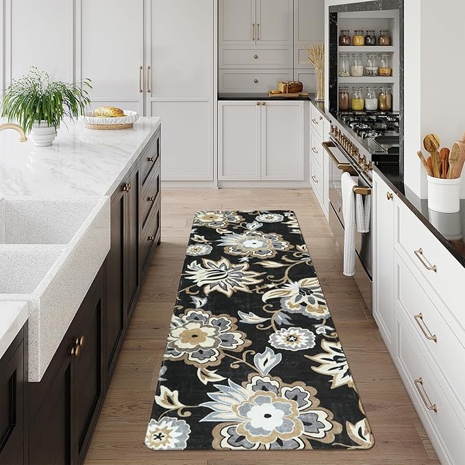 Lahome Floral 2x5 Washable Rug Runner - Black Entryway Runner Rug Non-Slip Ultra-Thin Stain Resistant Kitchen Rug Runner, Paisley Print Accent Carpet Runners for Hallway Bedroom Laundry Living Room