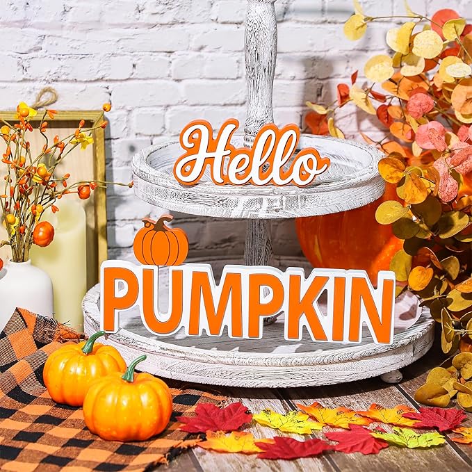 Fall Hello Pumpkin Wooden Sign Thanksgiving Tiered Tray Decorations Fall Decorations for Home Autumn Sign with Hello Pumpkin Lettered Centerpieces for Harvest Halloween