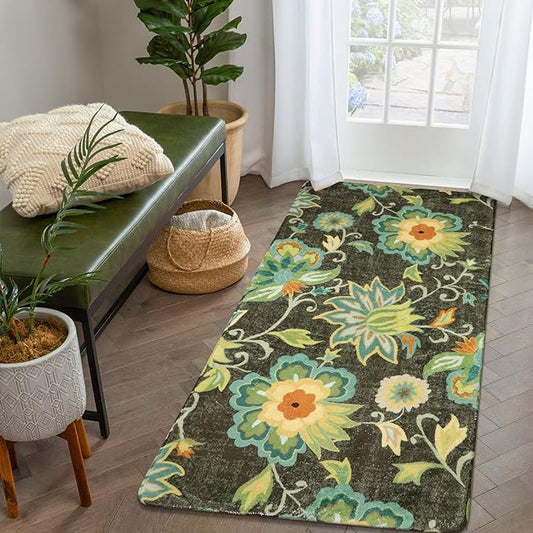 Lahome Floral Washable Entryway Rug - 2x4 Non-Slip Low-Pile Hallway Runner Soft Throw Kitchen Mat Bath Rug Green Paisley Print Indoor Carpet for Laundry Living Room Entrance