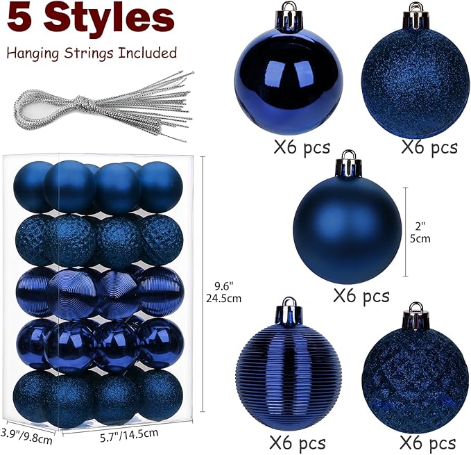 30PCS 2" Christmas Ball Ornaments Shatterproof Navy Blue Christmas Tree Decorations Xmas Tree Balls Halloween Ornaments Décor