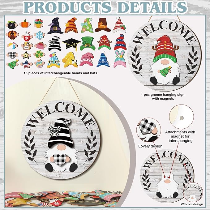 Qunclay Interchangeable Wooden Gnome Decor Holiday Seasonal Gnome Decorations with Magnet Pieces and Detachable Hats Changeable Welcome Sign for Home (Grey and White)