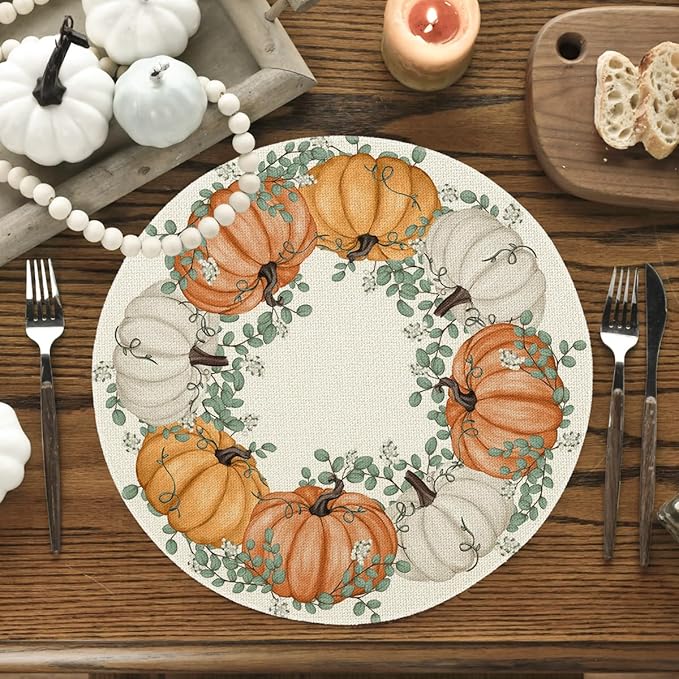 Artoid Mode Orange Pumpkins Eucalyptus Leaves Round Fall Placemats Set of 4, 14 Inch Thanksgiving Round Table Mats for Dining Decoration