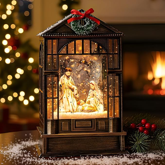 Christmas Snow Globe, Lighted Angel Guarding Nativity Scene, Musical Snow Water Lantern Swirling Glittering Holiday Decoration and Gift for Family Children or Friends