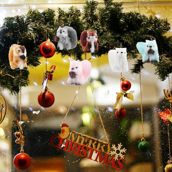 Skylety 10 Pieces Forest Animals Ornaments Woodland Animal Faux Fur Plush Hanging Ornaments Family Educational Playset for Fall, Christmas, Winter Birthday Party Supplies(Squirrels)
