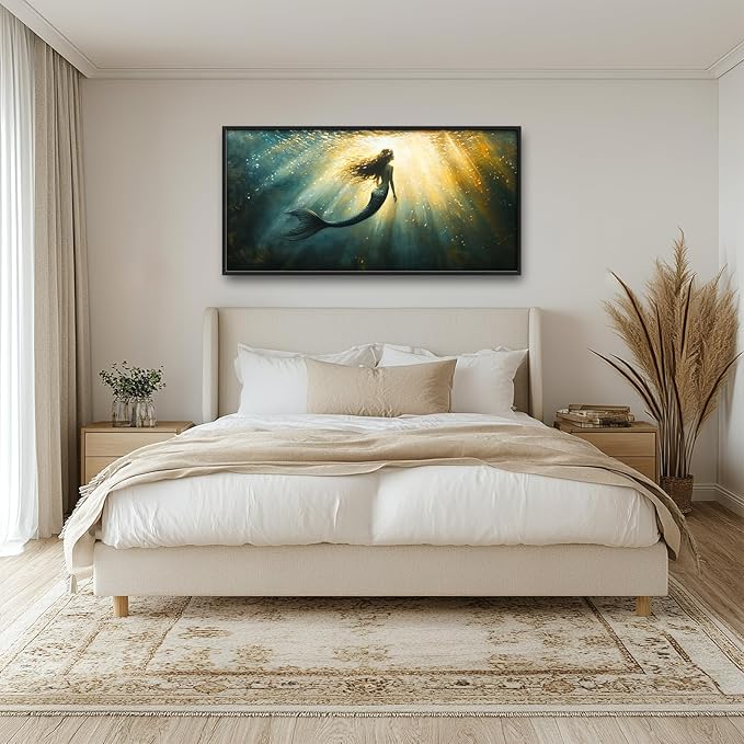 Olivine Mermaid Wall Art, Ocean Pictures Wall Decor, Coastal Painting, Marine Life Canvas Prints, Framed Artwork for Bathroom Bedroom Living Room Office Home Decoration 60"x30"