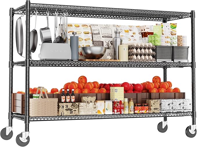 Heavy Duty Shelving, 51.6" H Garage Shelving Unit with Wheels, 3-Tier Garage Storage Shelves Metal Shelves Rack, Adjustable Industrial Shelving for Warehouse Storage, 60" W x 24" D x 51.6" H, Black