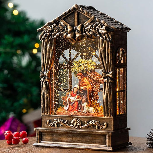 Christmas Snow Globe Lighted Manger Nativity Scene, Musical Water Lantern Play Silent Night Music in Swirling Glitter, Holiday Decorations Gifts for Family, Children or Friends