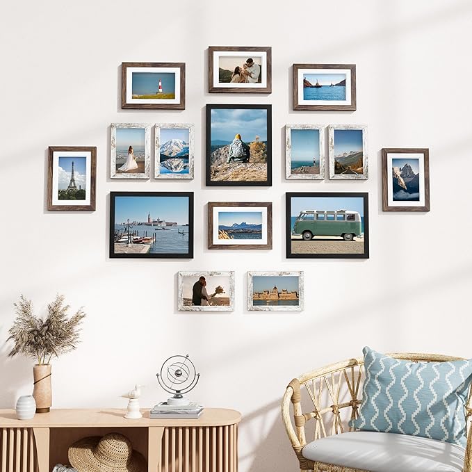 Vittanly 15 Pack Picture Frames Collage Wall Decor for Mounting or Tabletop, Gallery Frame Set for Family, Multi Sizes Including 3pcs 8x10, 6pcs 5x7, 6pcs 4x6, Black, Brown and Distressed White
