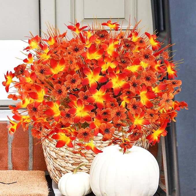 24 Pcs Fake Fall Flowers for Outdoors UV Resistant Artificial Fall Flowers Faux Fall Plants Decorations for Outside Home Porch Planter Patio Window Box Fall Decor