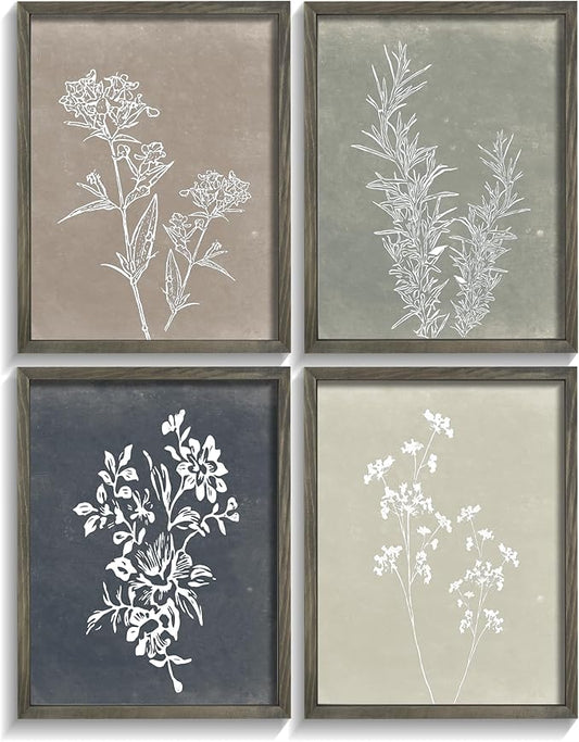 Heiple Framed Wall Art Set of 4 for Boho Home decor Botanical Print Wall Art for Rustic Vintage Farmhouse Wall Decor for Living Room (Grey, 12‘’x16‘’)