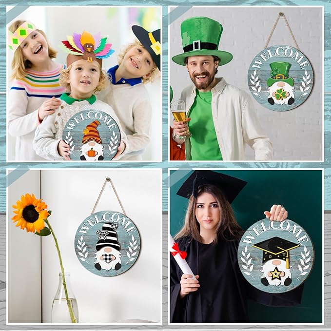 Qunclay Interchangeable Wooden Gnome Decor Holiday Seasonal Gnome Decorations with Magnet Pieces and Detachable Hats Changeable Welcome Sign for Home(Blue Style)