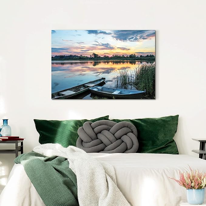 Lake Sunset Canvas Wall Art: Large Forest Landscape Scenery Prints Nature Green Water Reed Painting Wilderness Boat Shore Gallery Artwork Sunrise Skyline Scene Picture for Living Room