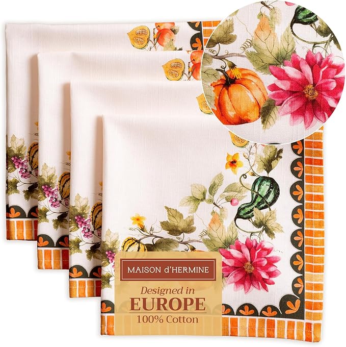 Maison d' Hermine Cloth Napkins Set of 4 100% Cotton Everyday Reusable Square Napkins Cloth Washable, Dinner, Party, Wedding, Restaurant (Pumpkin Garden - Cloudy Cream, 20" x 20")