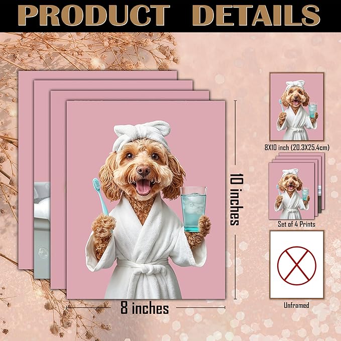 FITIE Funny Cockapoo Bathroom Wall Art Posters Set of 4, Dog Bathroom Decor, Pink Cute Bathrobe Toilet Bathing Cockapoo Dog Canvas Prints Artwork Wall Decor for Bath Wash Room, 8x10 Unframed