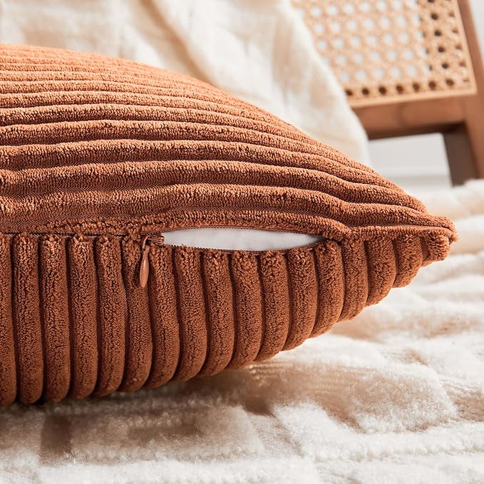 Fancy Homi 4 Packs Rust Lumbar Decorative Throw Pillow Covers 12x20 Inch for Couch Bed Sofa, Rustic Farmhouse Boho Home Decor, Soft Striped Corduroy Rectangle Accent Terracotta Cushion Case 30x50 cm